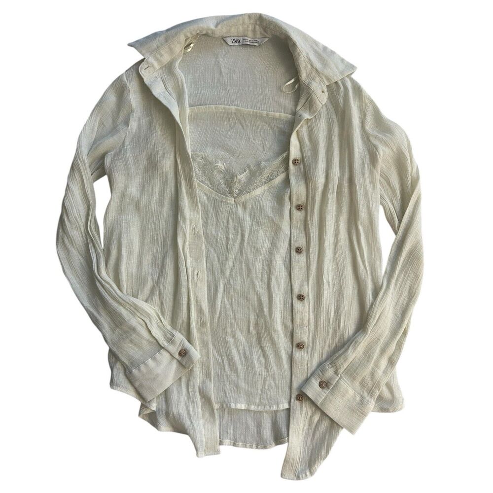 Zara Cami attached Button Up Shirt Ivory Crinkle Gauze Lace Trim XS 90s Preppy